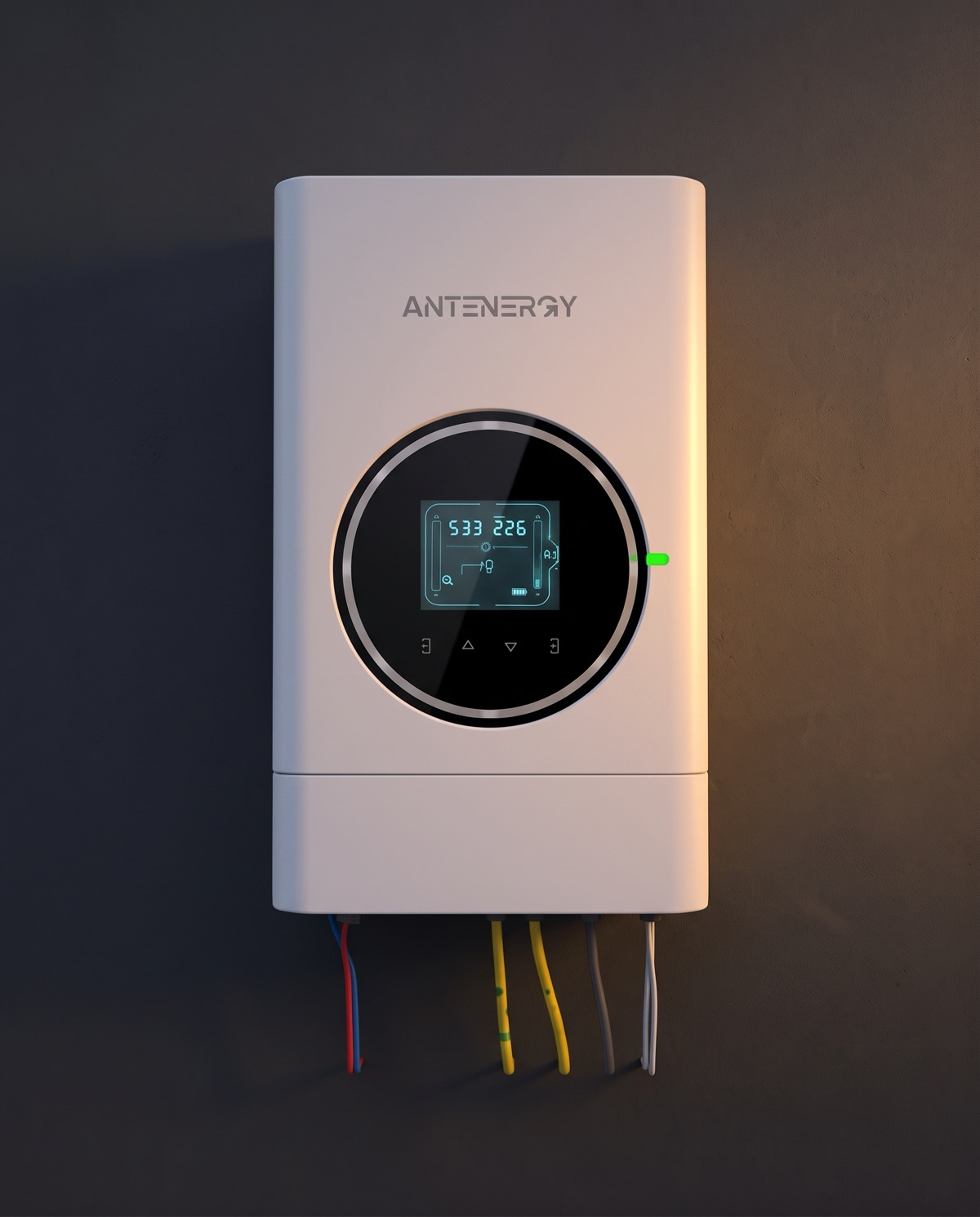 Гибридный инвертор ANTENERGY с круглым сенсорным экраном на стене, снизу уходят кабели, визуализация